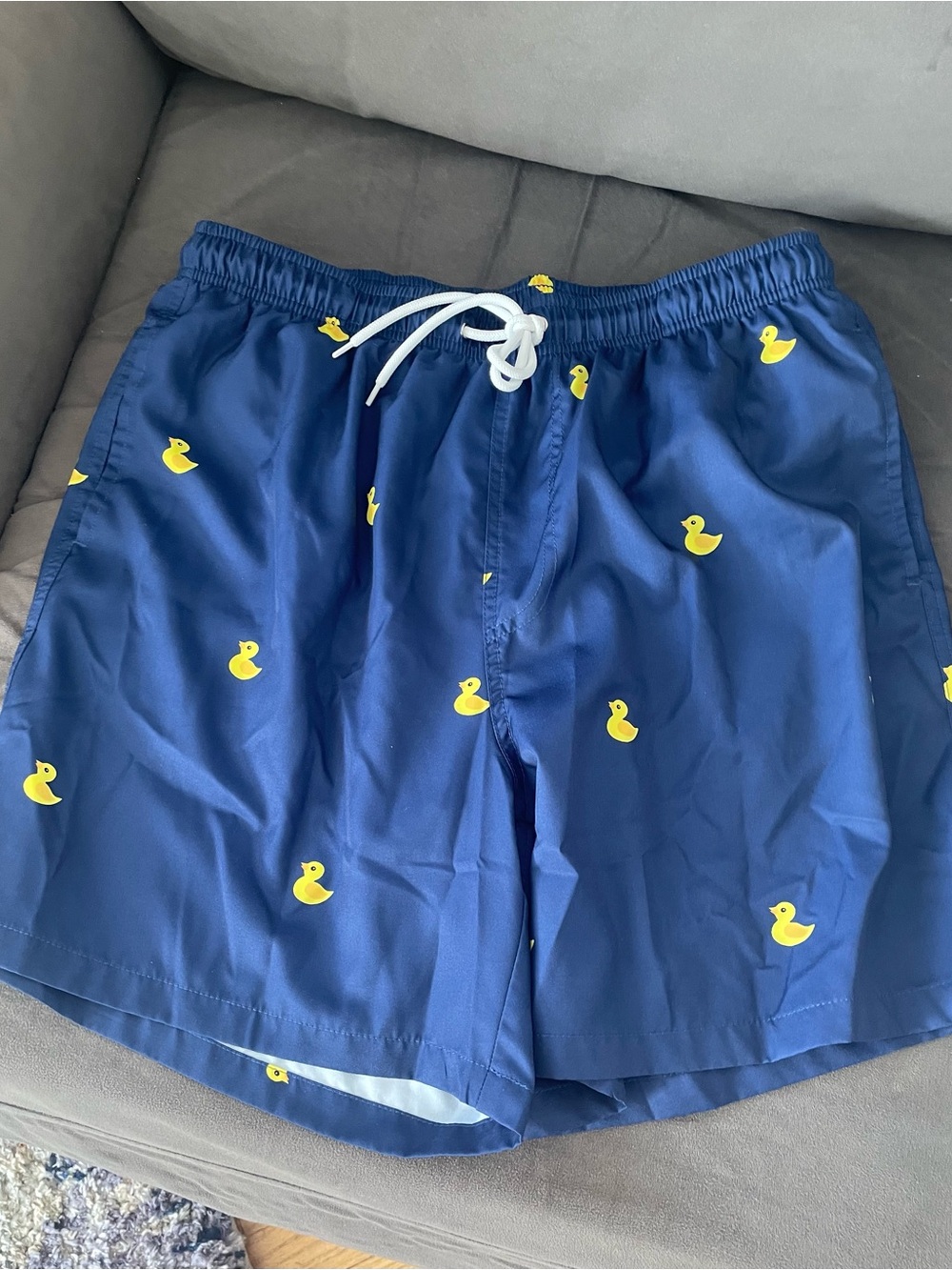 Navy Swim Trunks with Yellow Duck Print